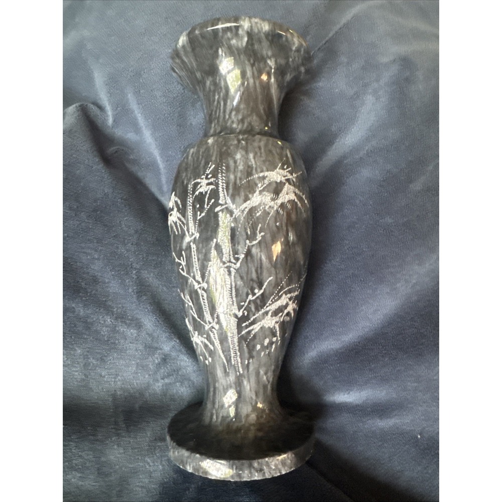 Black Marble Vase Asian Etched‎ Bamboo VTG 1970s 8 Inches Tall Chinese Folklore
